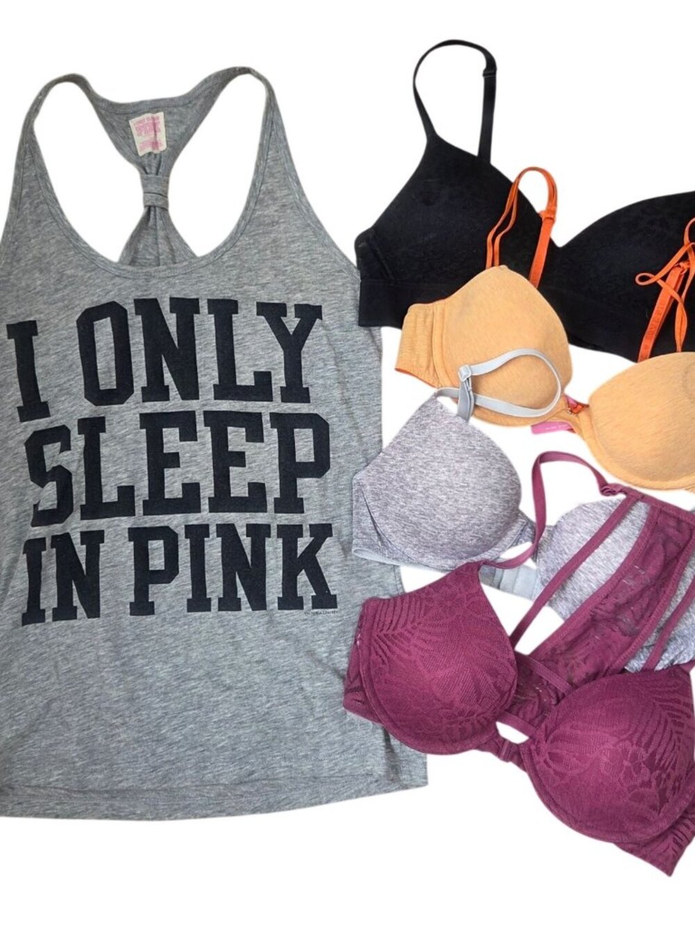BUNDLE (5) Victoria's Secret PINK T-Shirt Bras Comfort Tank Top Size 32A/S